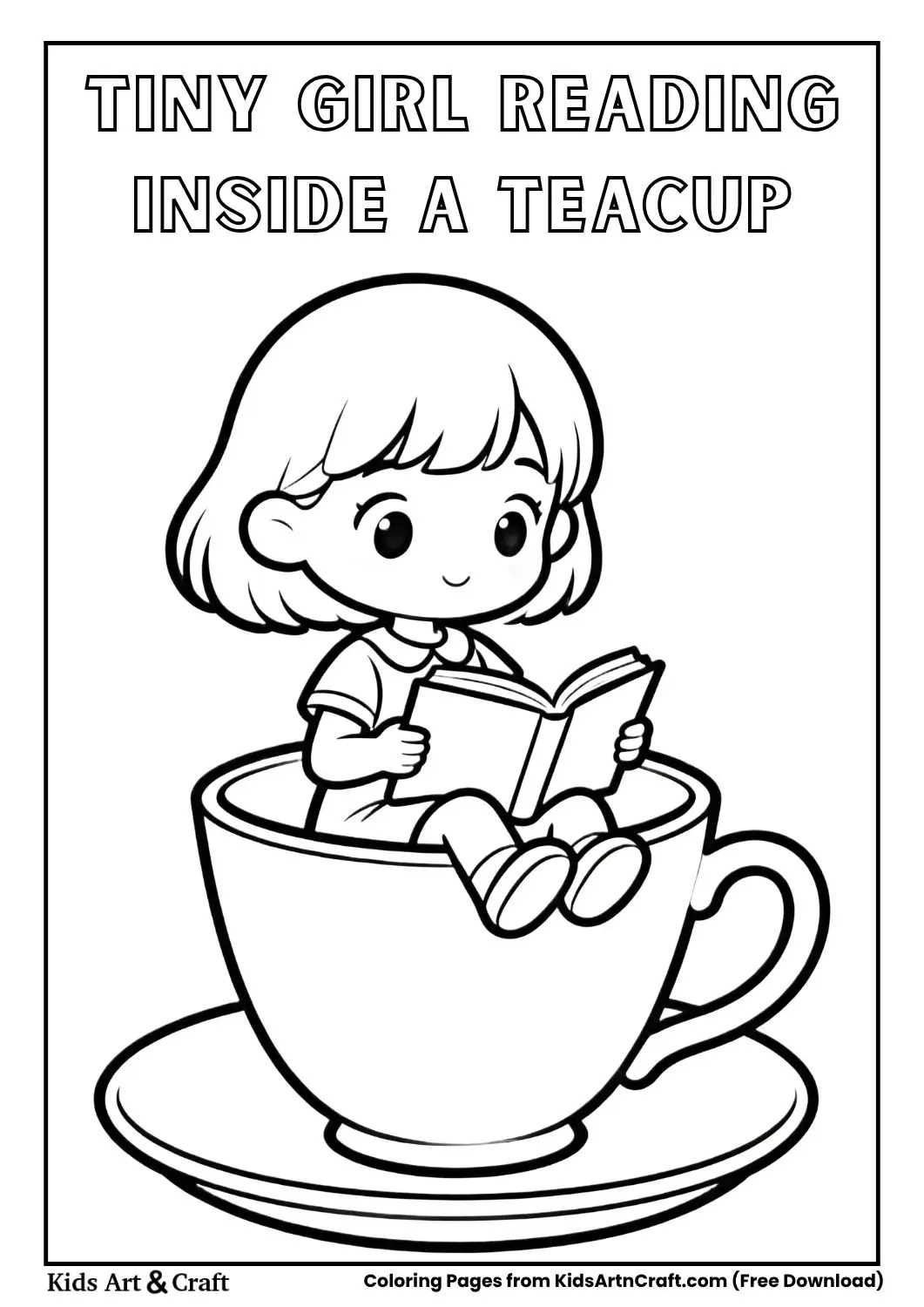Tiny girl reading a book inside a teacup black and white coloring page for kids