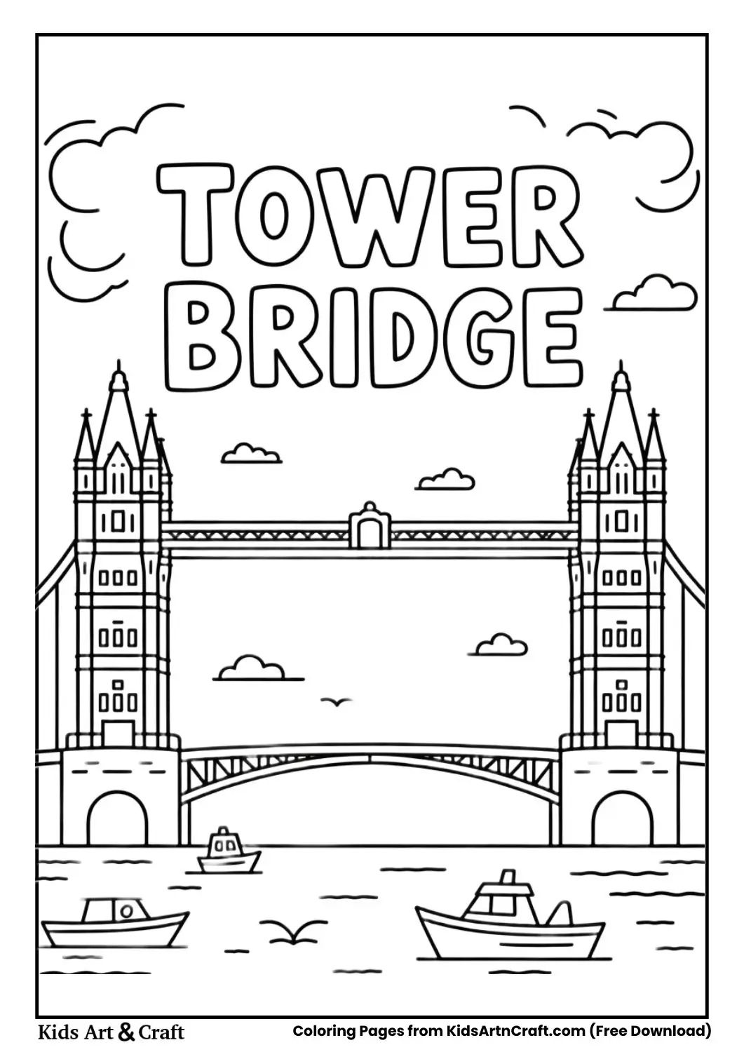 Tower Bridge London coloring page with bridge name in bubble letters