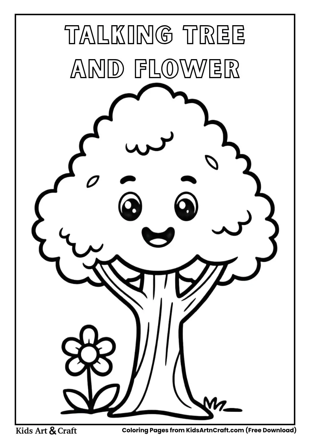Cute tree with smiling face talking to a flower coloring page