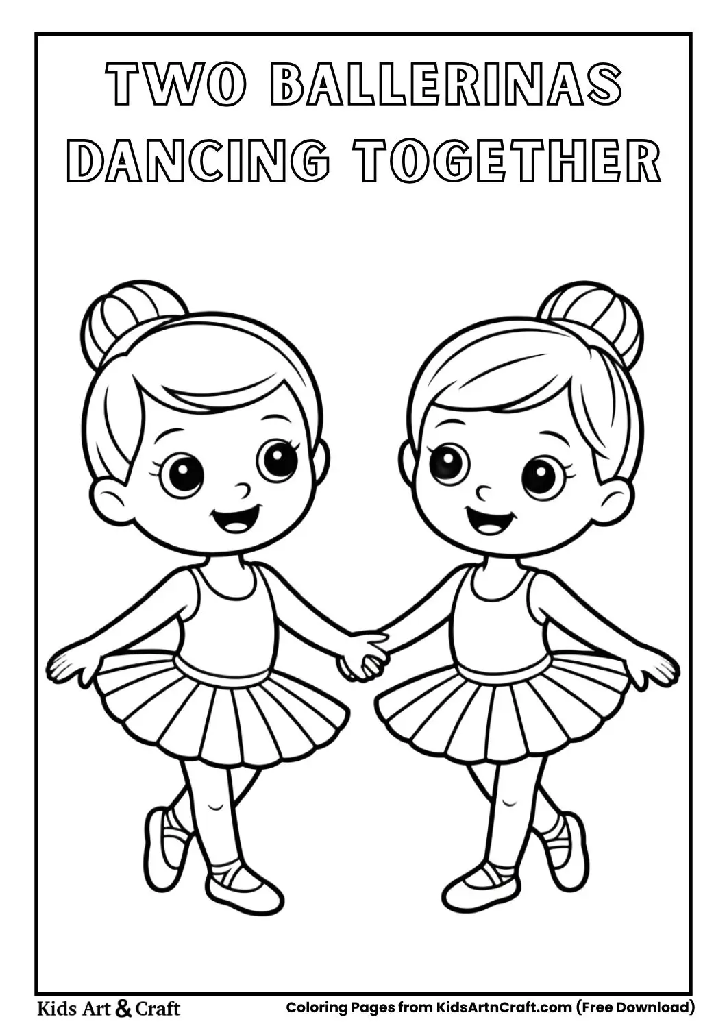 Two little ballerinas holding hands and dancing together wearing tutus coloring page