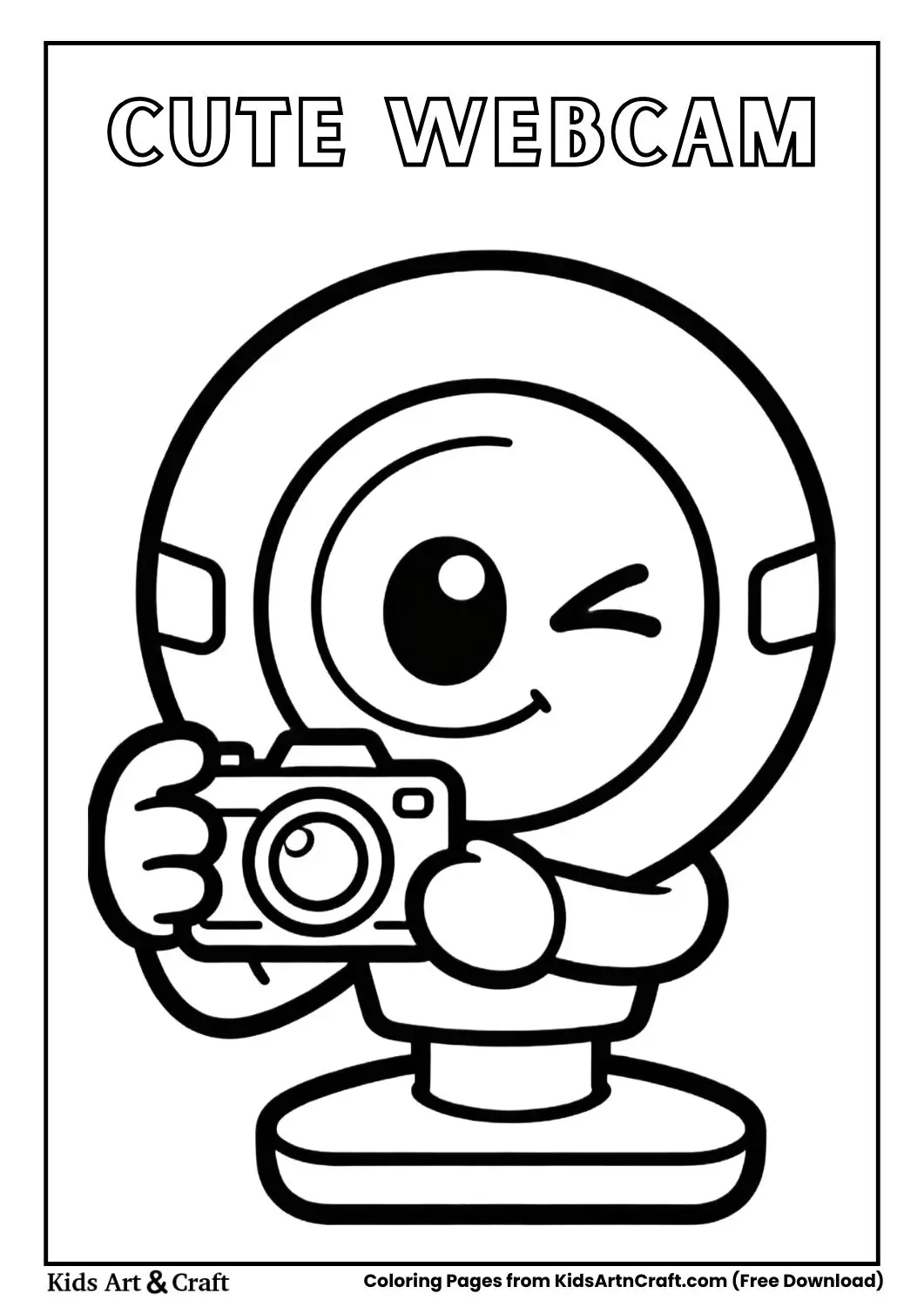 Cute webcam cartoon winking and taking photo coloring page