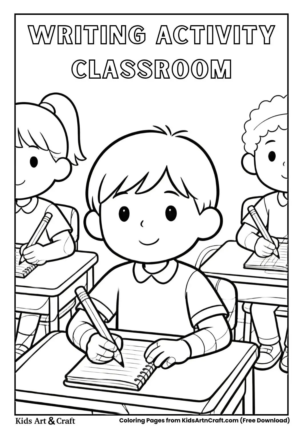 Kids writing in notebooks at desks black and white coloring page