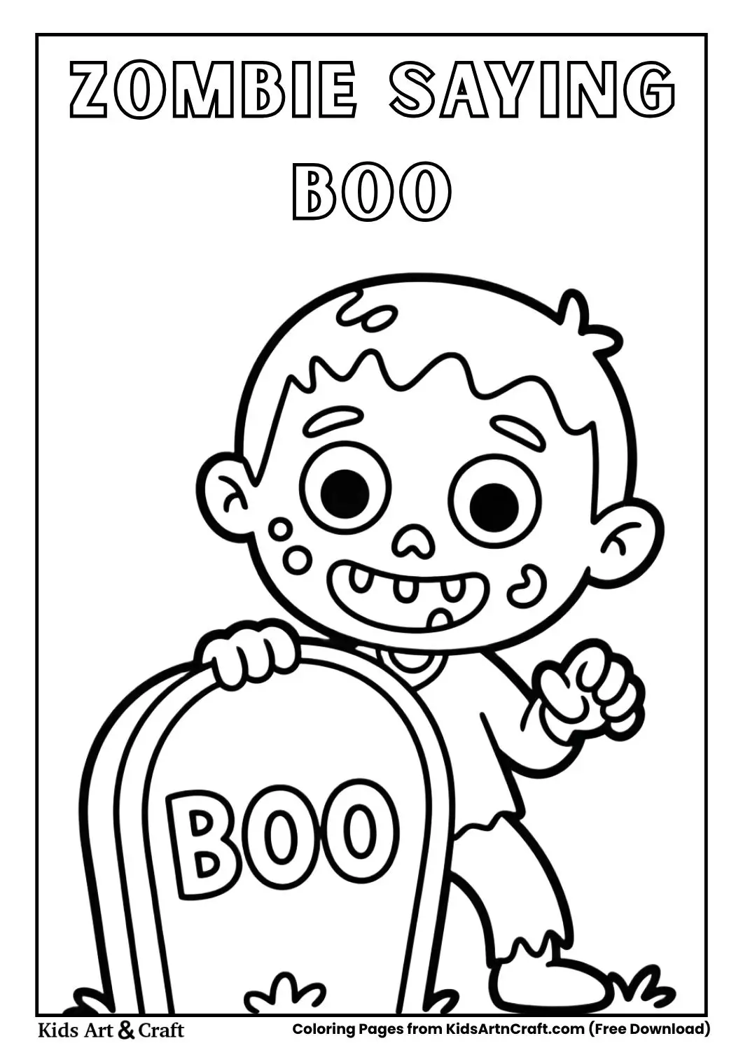 Cute zombie popping from behind gravestone saying boo coloring page