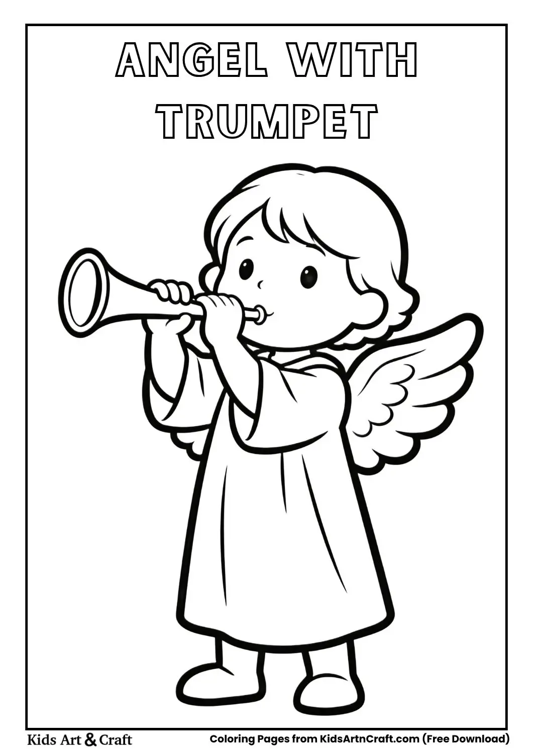 Cartoon angel blowing trumpet outline coloring page