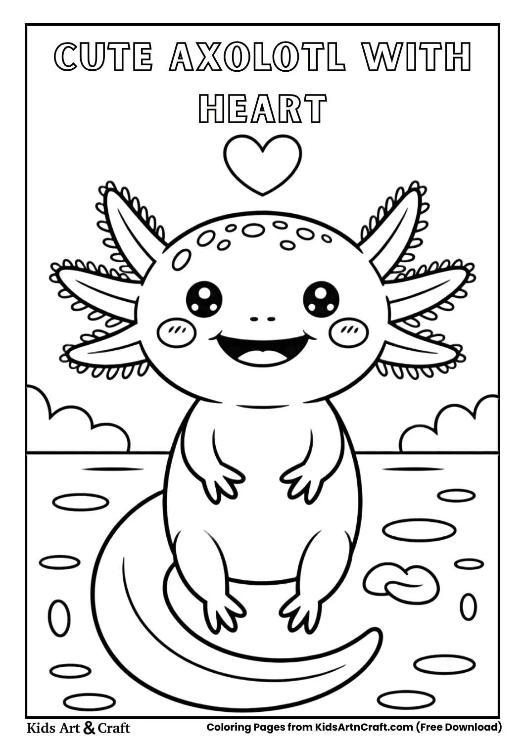 Cute axolotl with heart above head kids coloring page