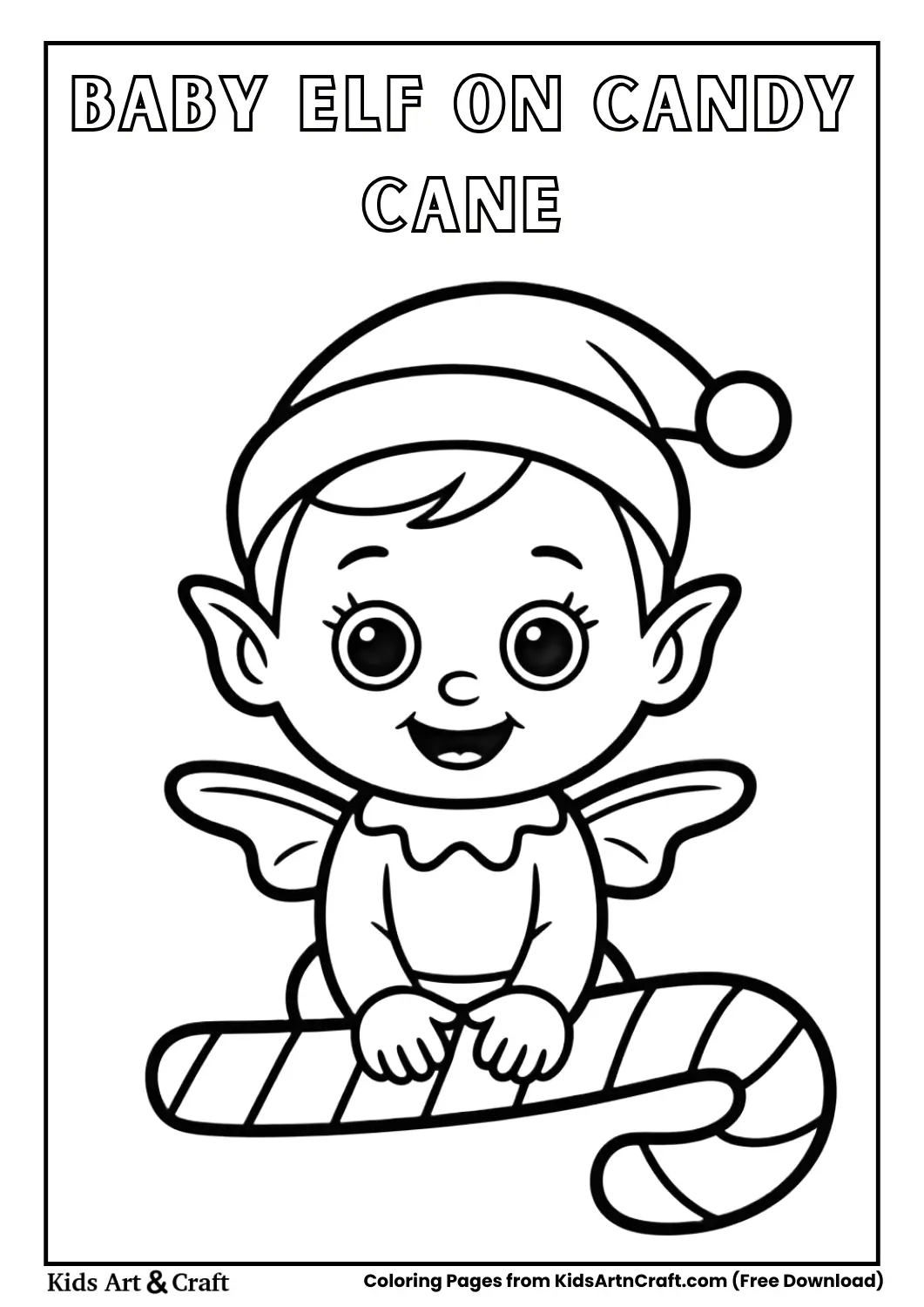 Baby elf sitting on candy cane coloring page