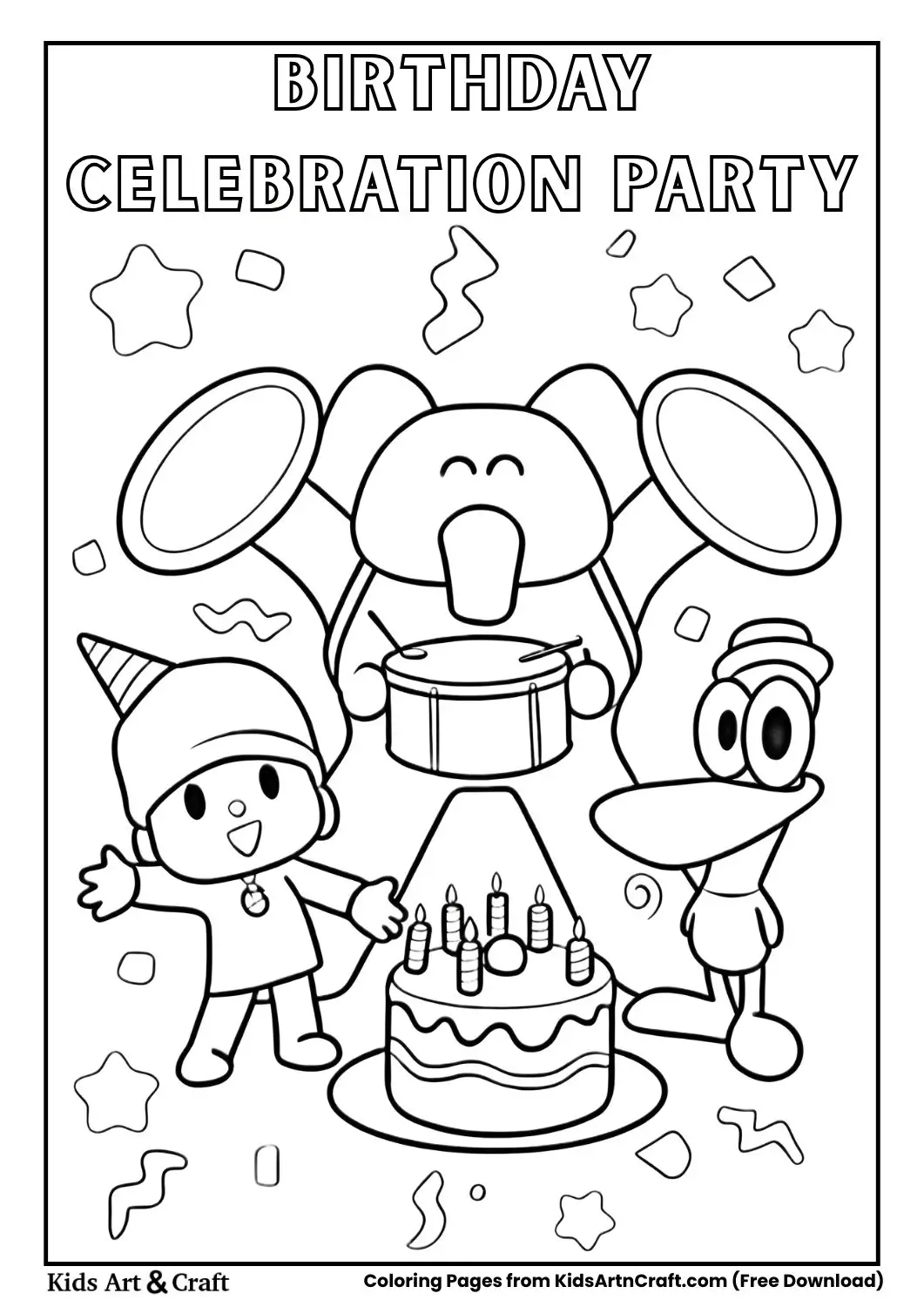 Birthday scene with cake, characters, elephant playing drums and decorations