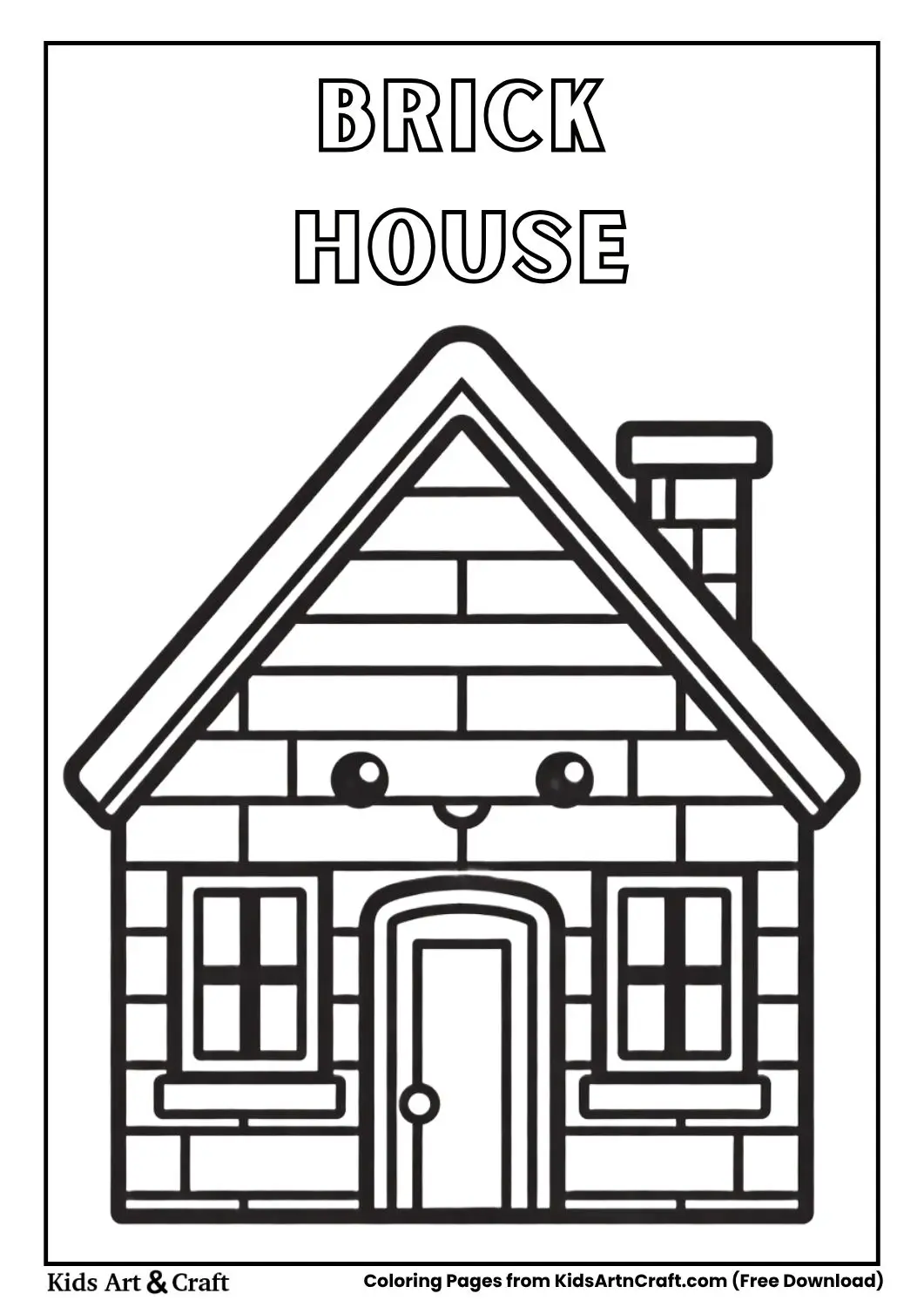 simple brick house with smiling face black and white coloring page for kids