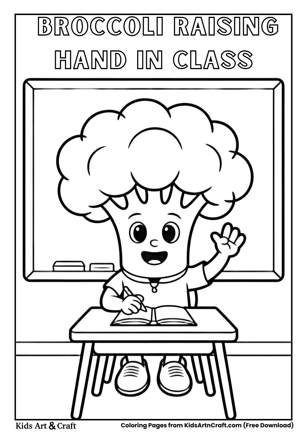 broccoli character raising hand in classroom at desk coloring page