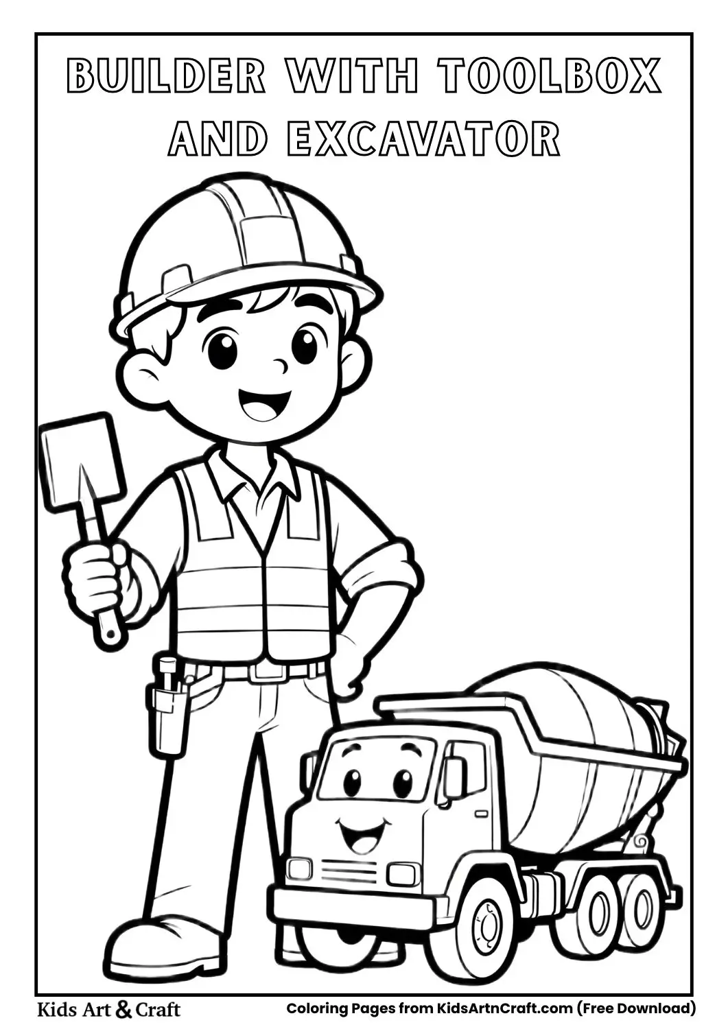 Classic cartoon construction worker holding toolbox standing beside smiling excavator coloring page