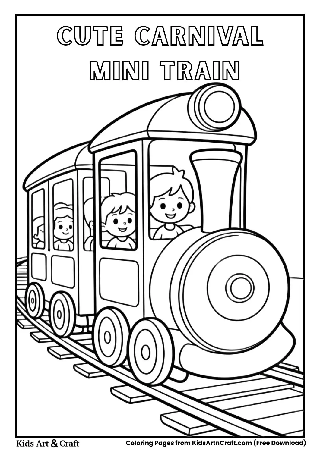 Kids riding a small carnival train coloring page