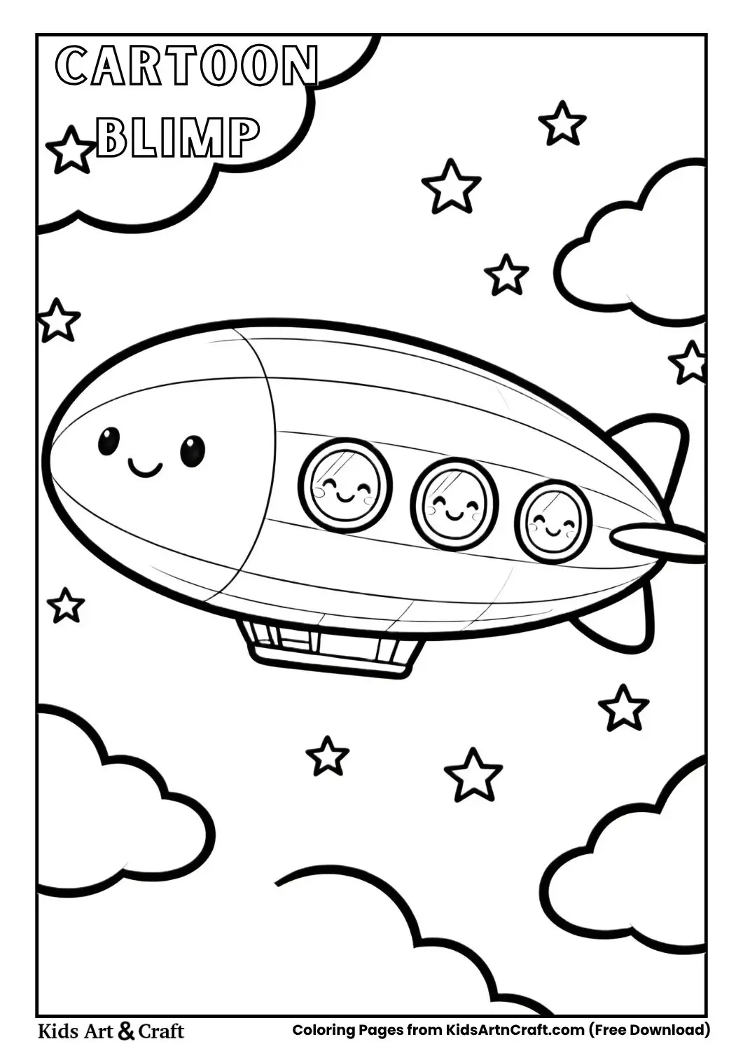 cartoon blimp airship black and white coloring page for kids