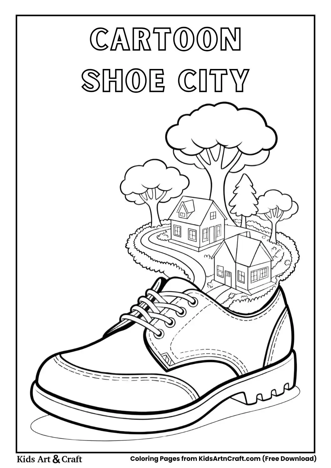 Cartoon shoe with a small city inside black and white coloring page for kids