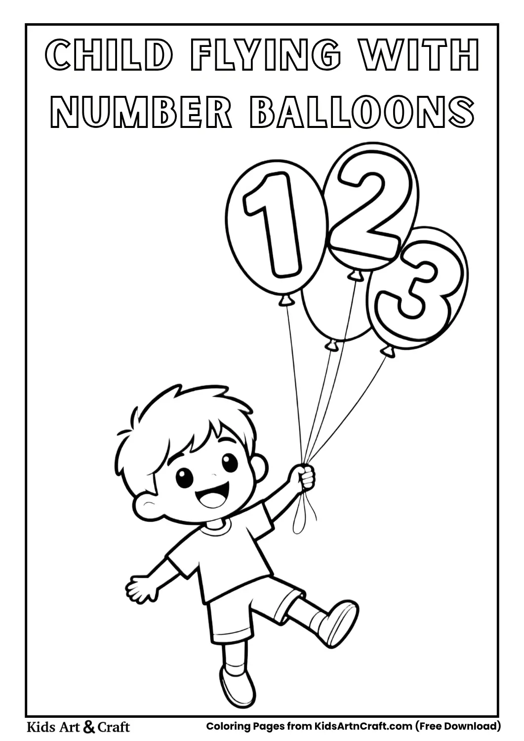 Child Flying with Number Balloons Coloring Page