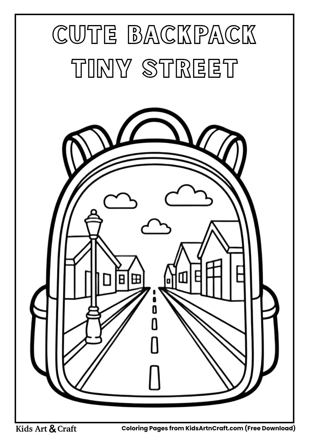 cute backpack with tiny street inside coloring page for kids