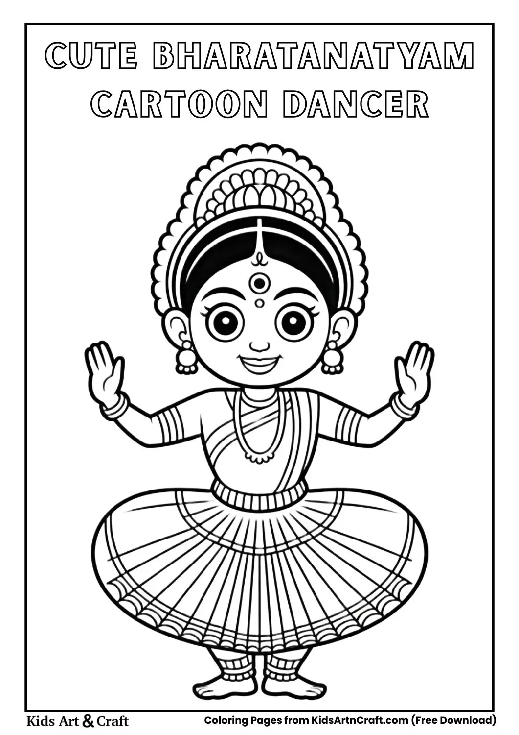 cute cartoon Bharatanatyam dancer black and white coloring page