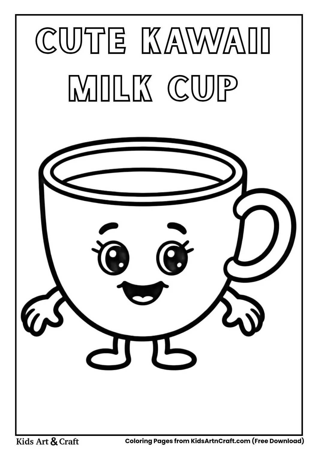 Cute milk cup with smiling face black and white coloring page for kids