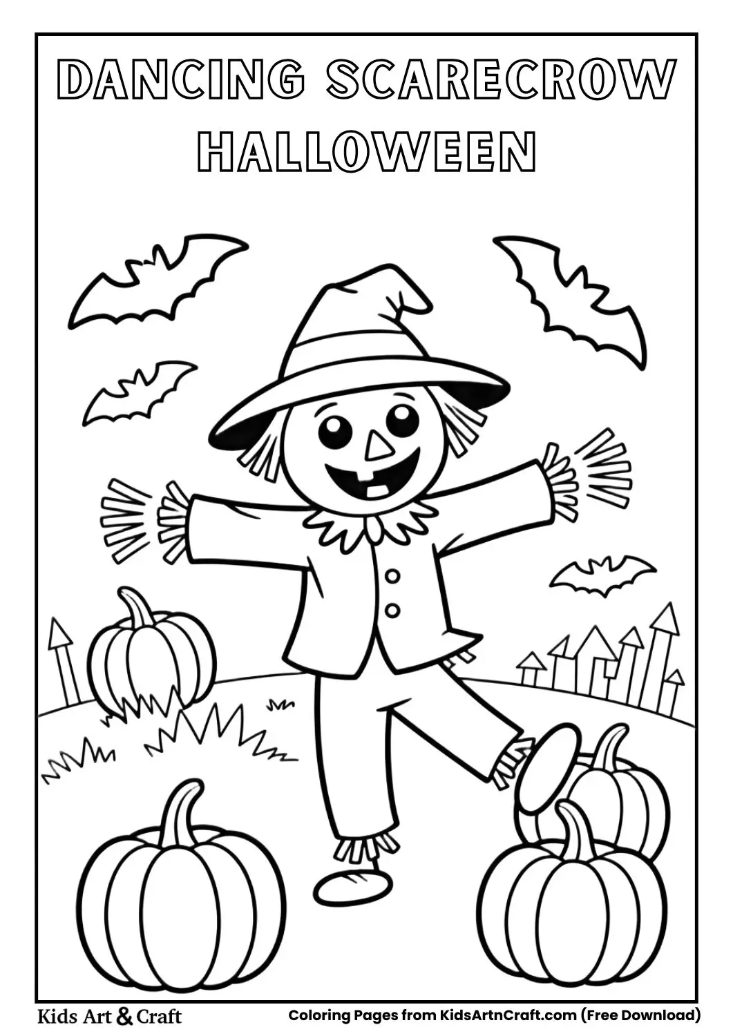 Cute scarecrow dancing with pumpkins Halloween coloring page