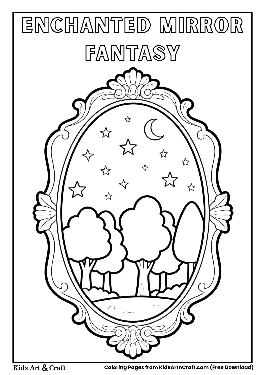 simple enchanted mirror magical scene coloring page