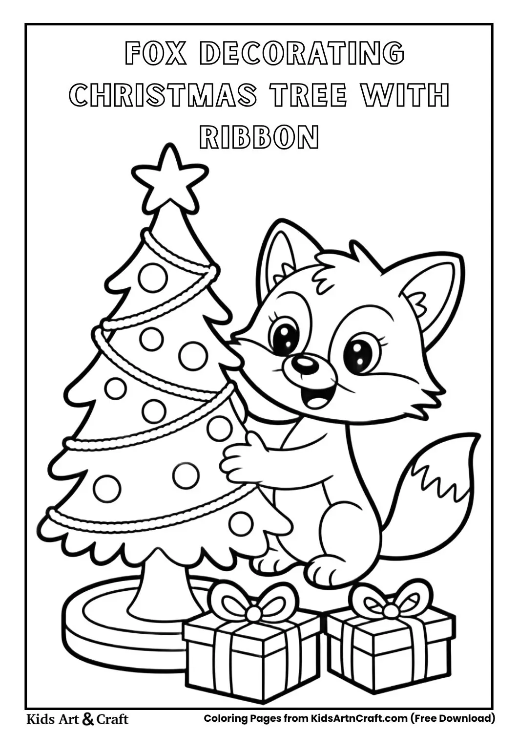 Cute fox decorating Christmas tree with ribbon garlands kids coloring page