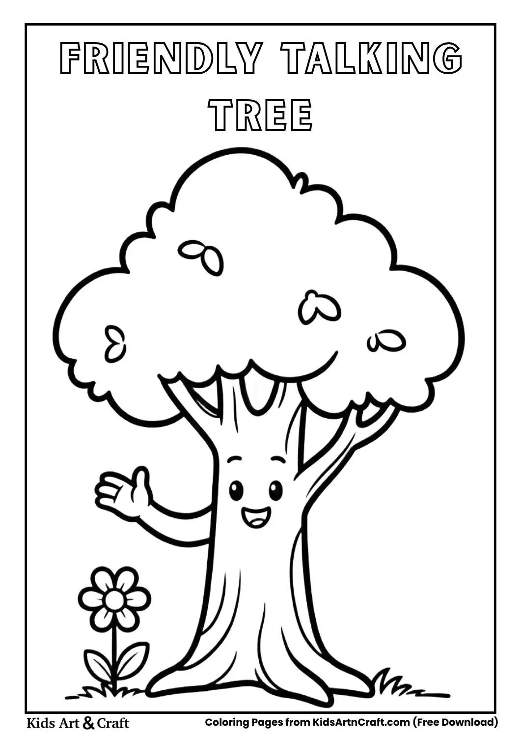 Friendly cartoon tree waving branch and talking coloring page