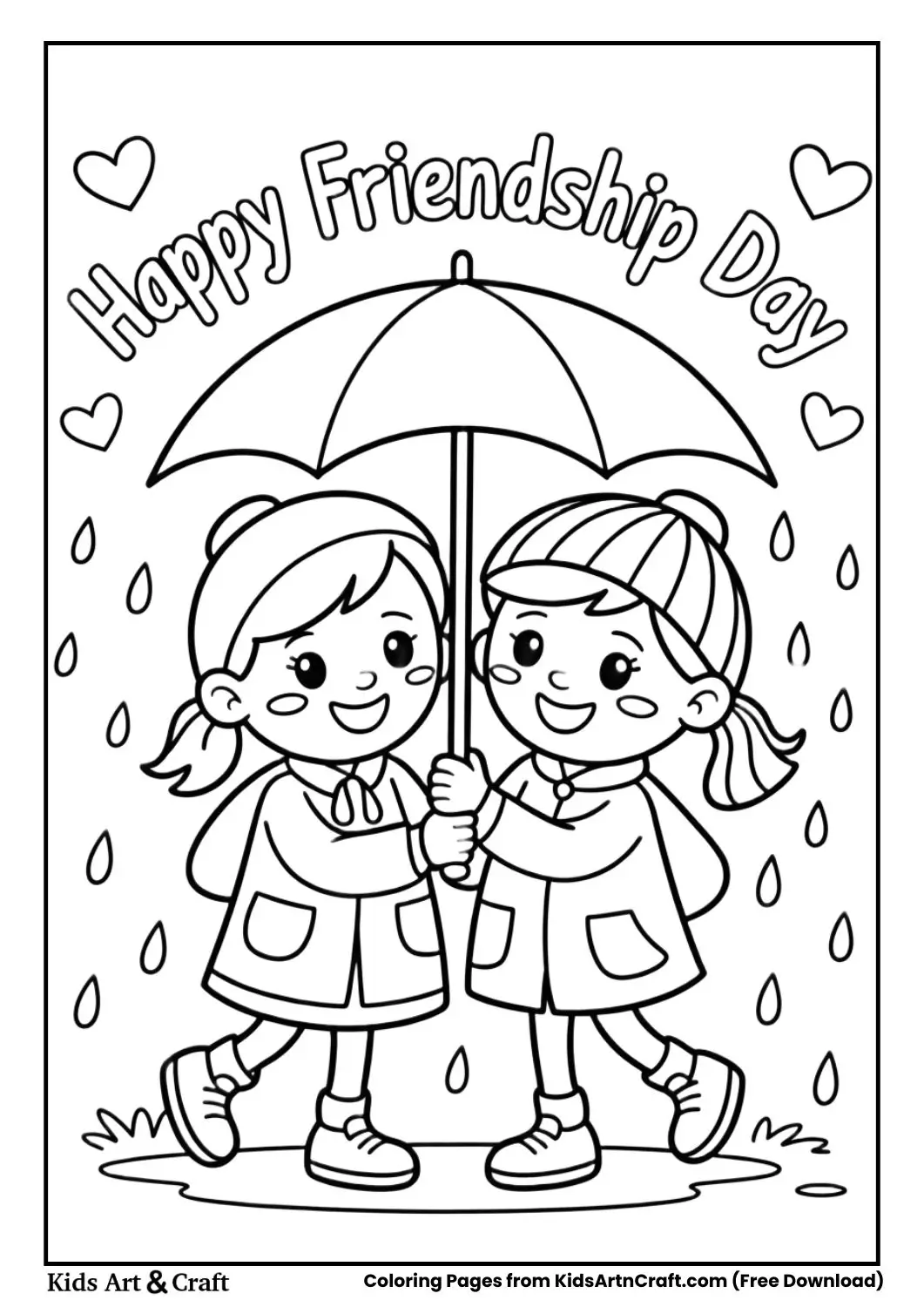 kids sharing umbrella friendship day coloring page