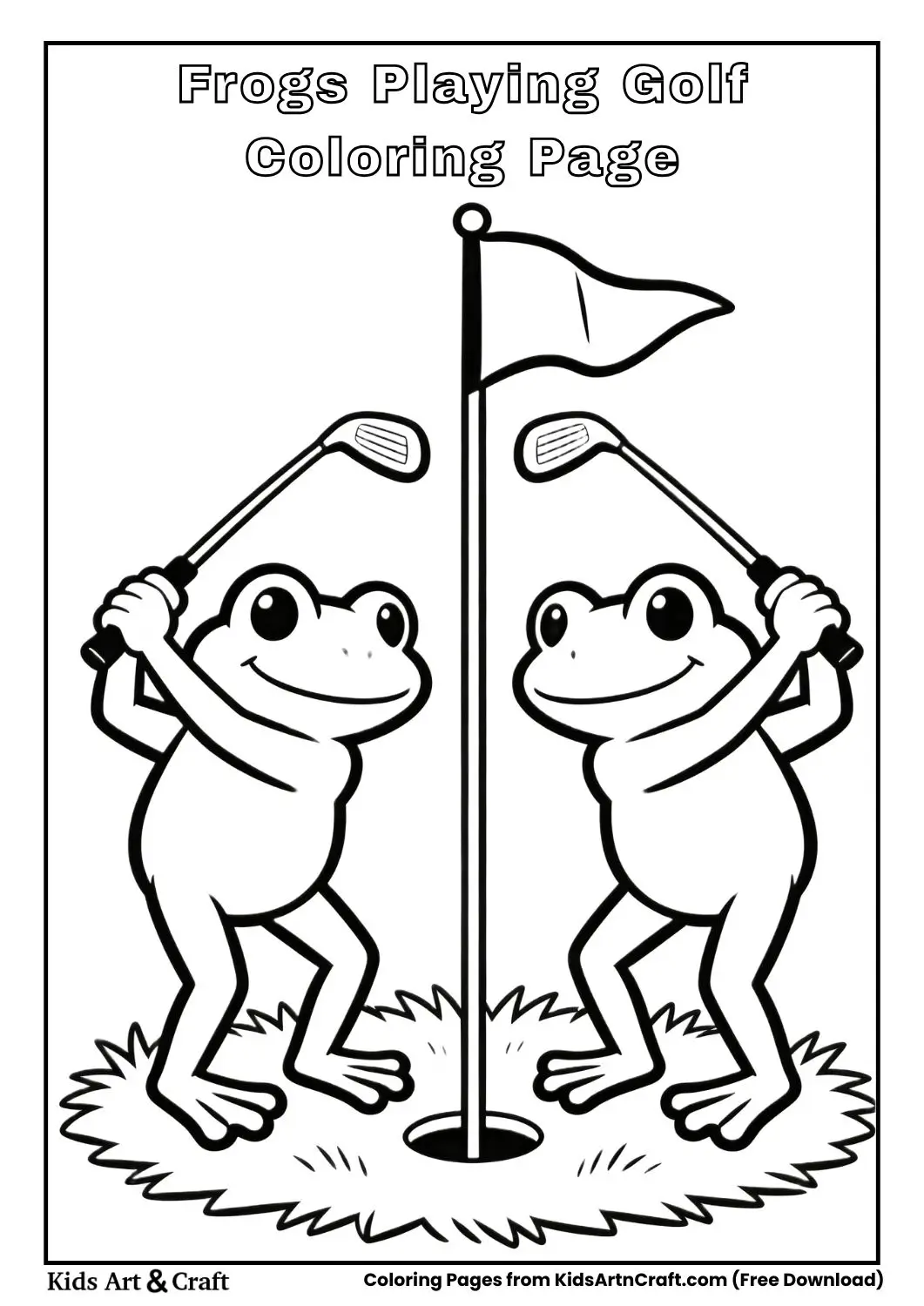 Black and white coloring sheet of frogs swinging golf clubs near a hole with a flag
