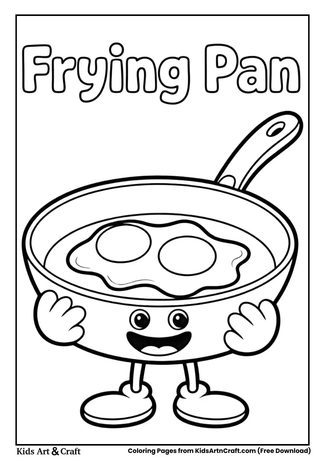 Cartoon frying pan black and white coloring page with the words FRYING PAN on top