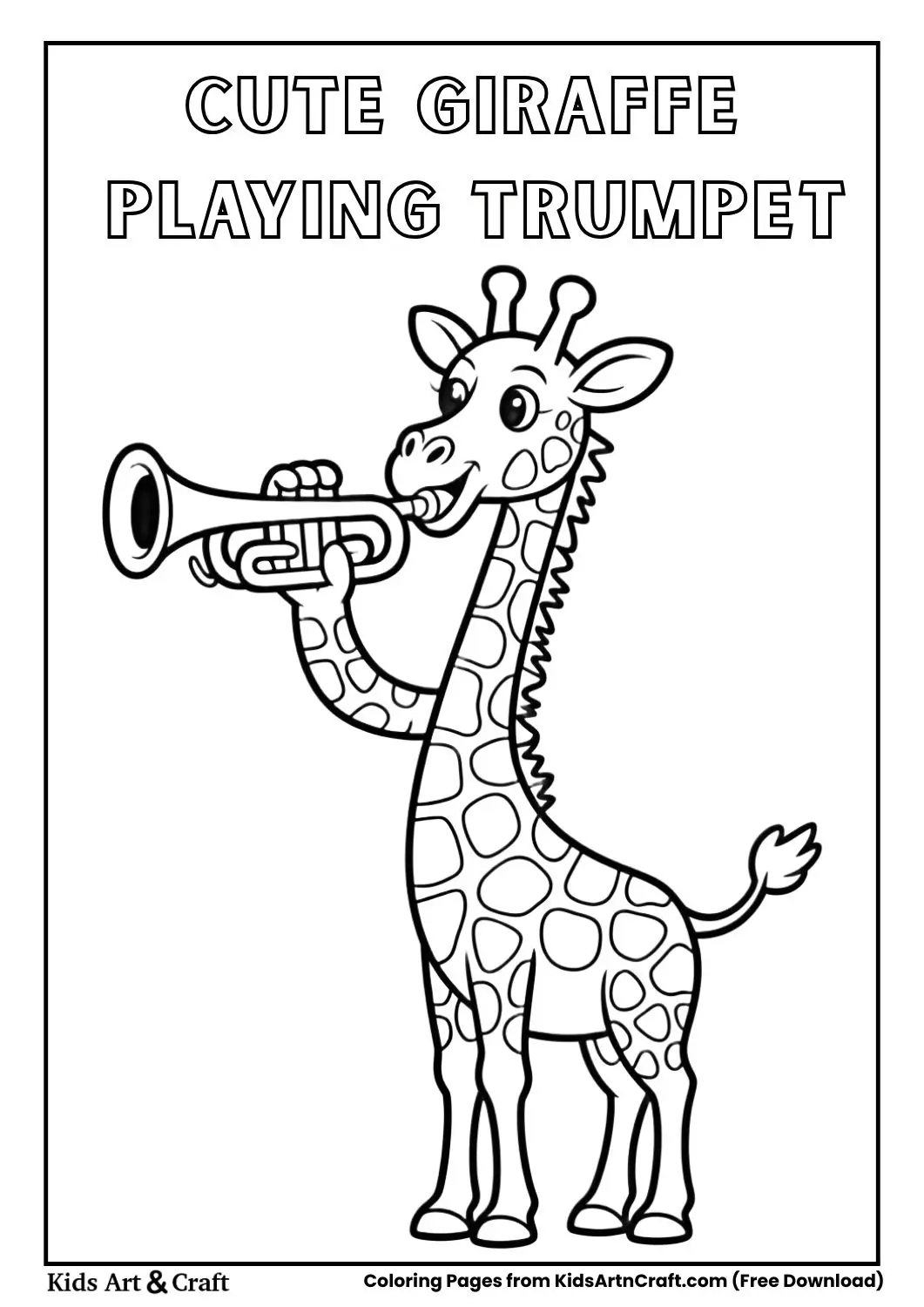 Black and white coloring page of a giraffe with a long neck playing a trumpet.