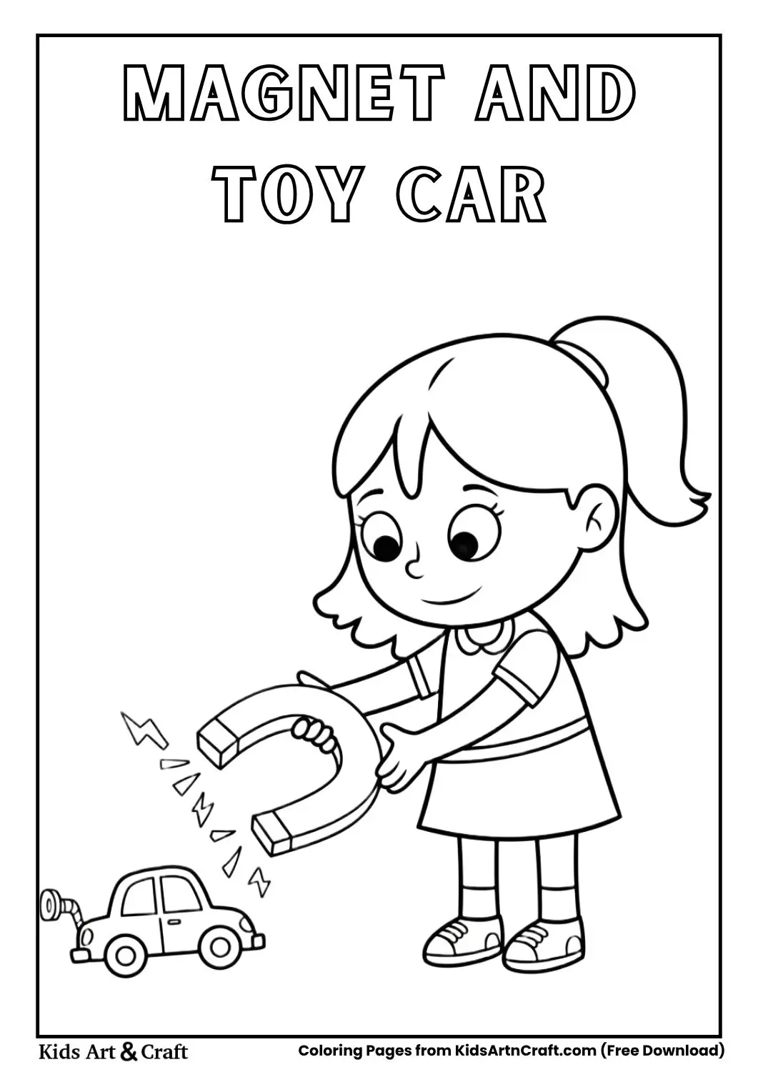 Girl holding magnet near toy car