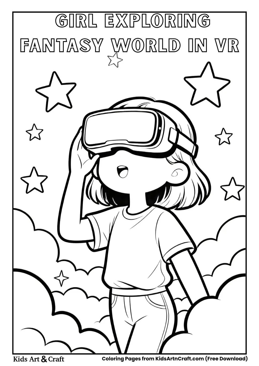 girl wearing VR goggles exploring fantasy world stars clouds coloring page