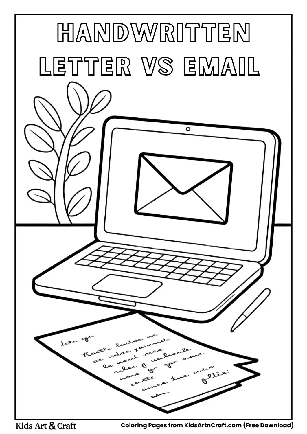 Old handwritten letter and modern email on laptop coloring page