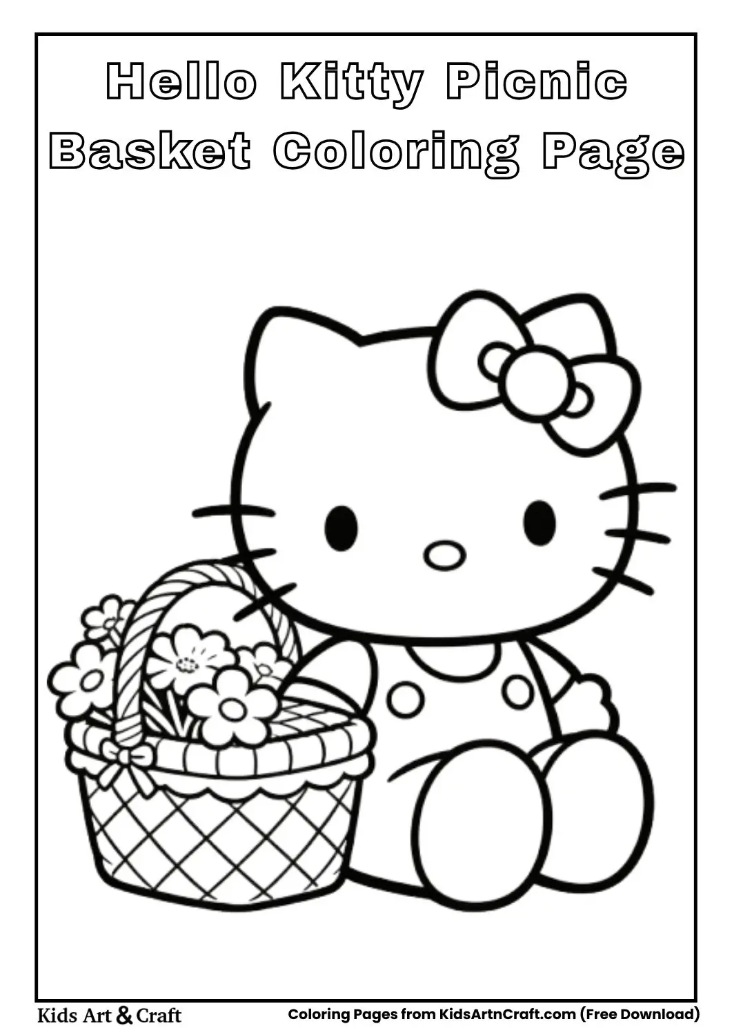 Hello Kitty sitting beside a picnic basket with flowers coloring page
