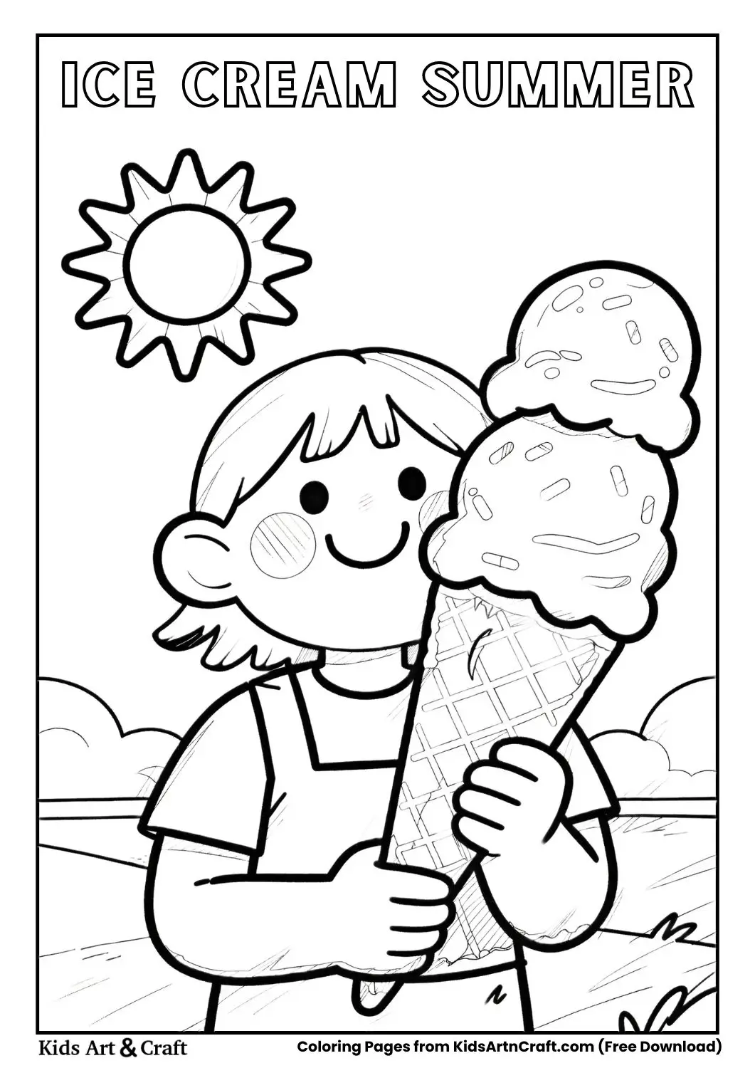 Child holding ice cream cone summer coloring page