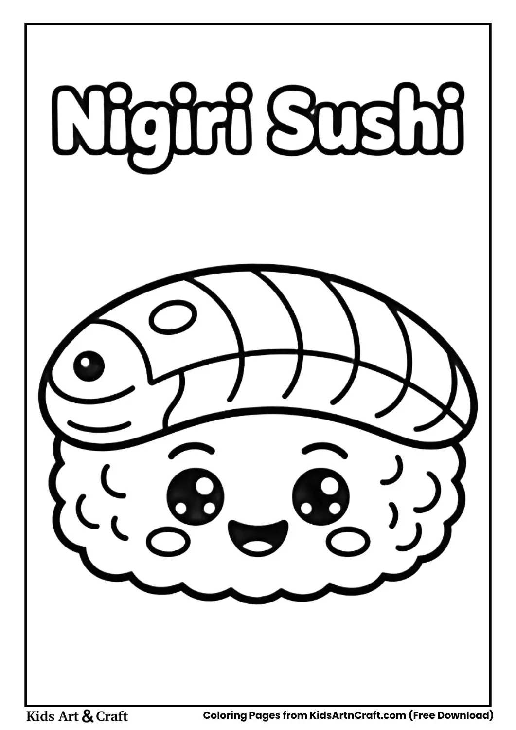 kawaii nigiri sushi smiling black and white coloring page