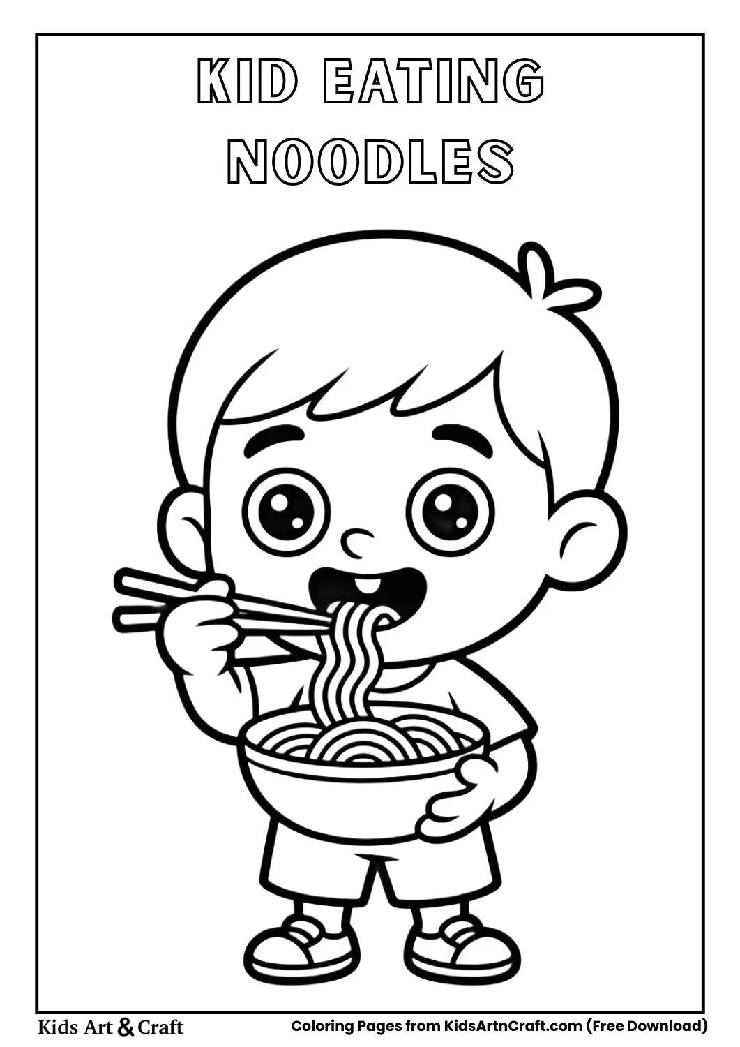 Cartoon kid eating noodles with chopsticks coloring page