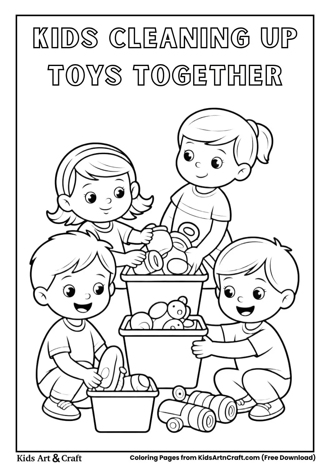 children cleaning up toys together teamwork coloring page