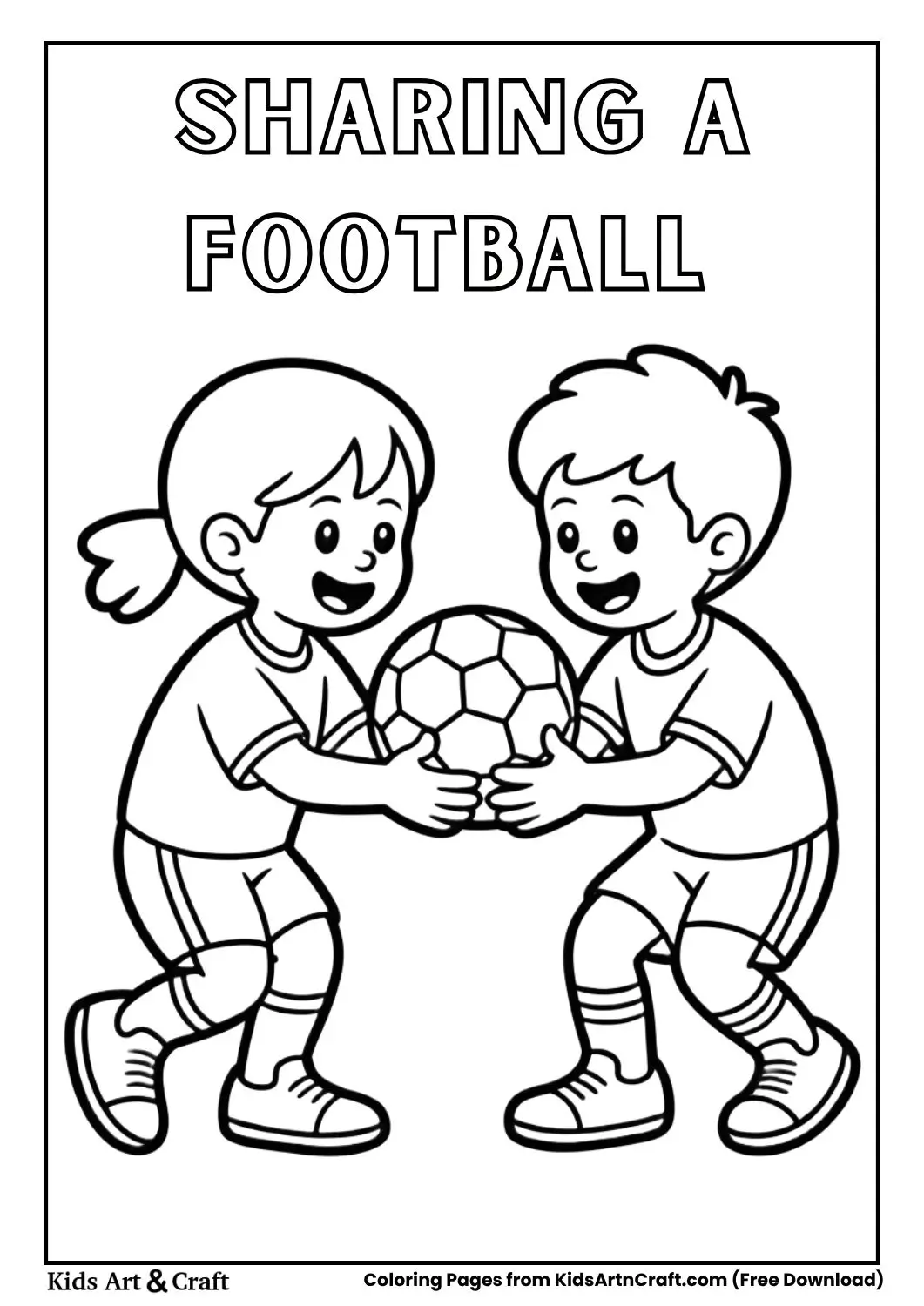 children sharing a football simple coloring page for kids