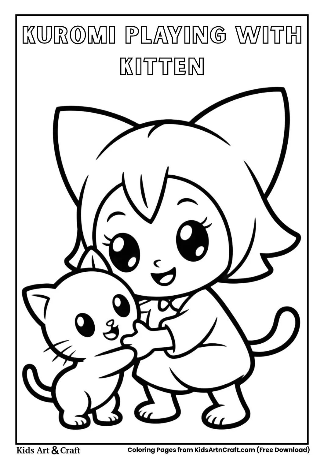Kuromi playing with a cute kitten black and white coloring page