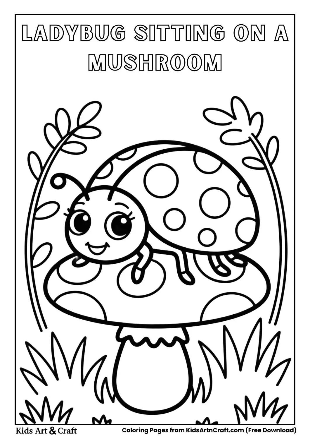 Cartoon ladybug sitting on a mushroom in a garden black and white coloring page.