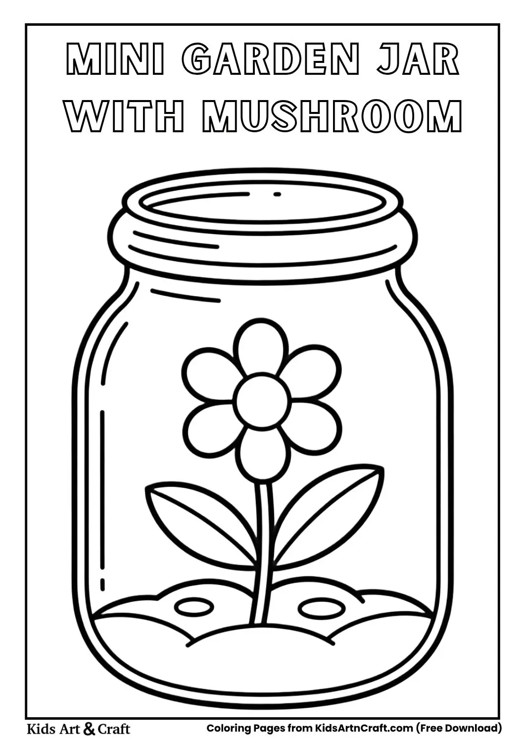 small garden inside a jar with mushroom and grass black and white coloring page for kids
