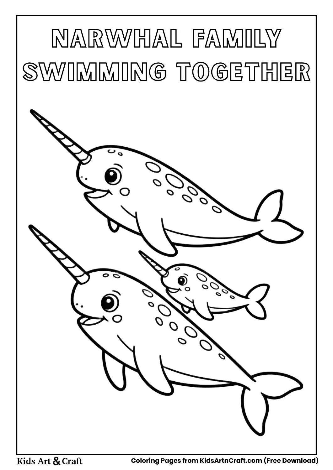 Narwhal parent and baby swimming coloring page