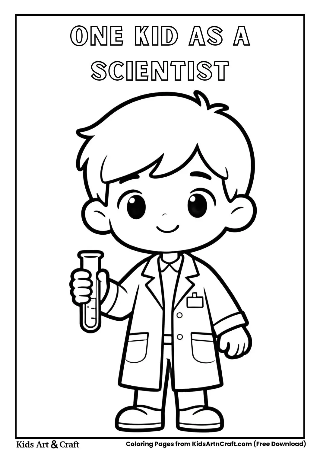 black and white coloring page of a child wearing a lab coat holding a test tube