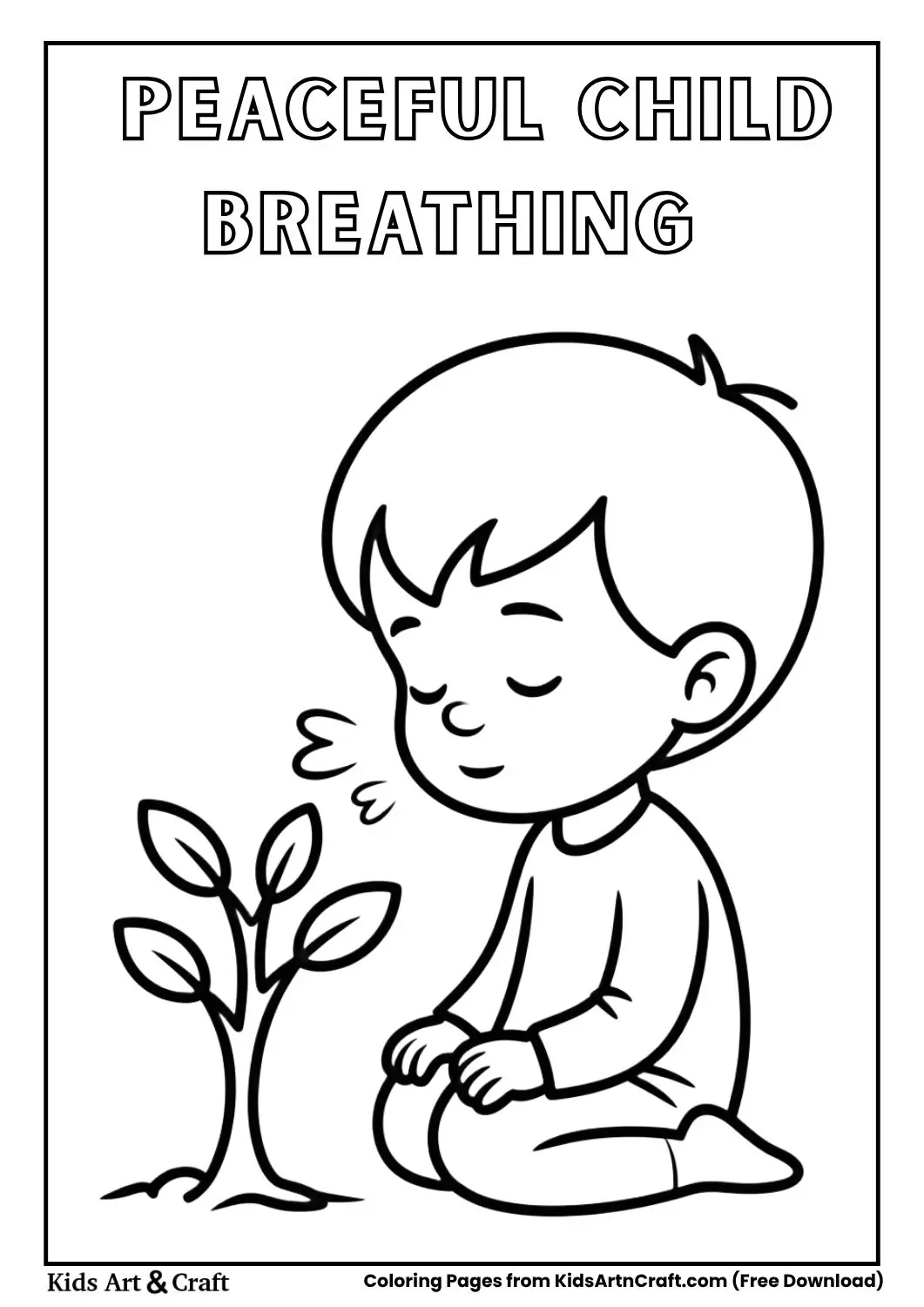 calm child breathing slowly near plant simple coloring page