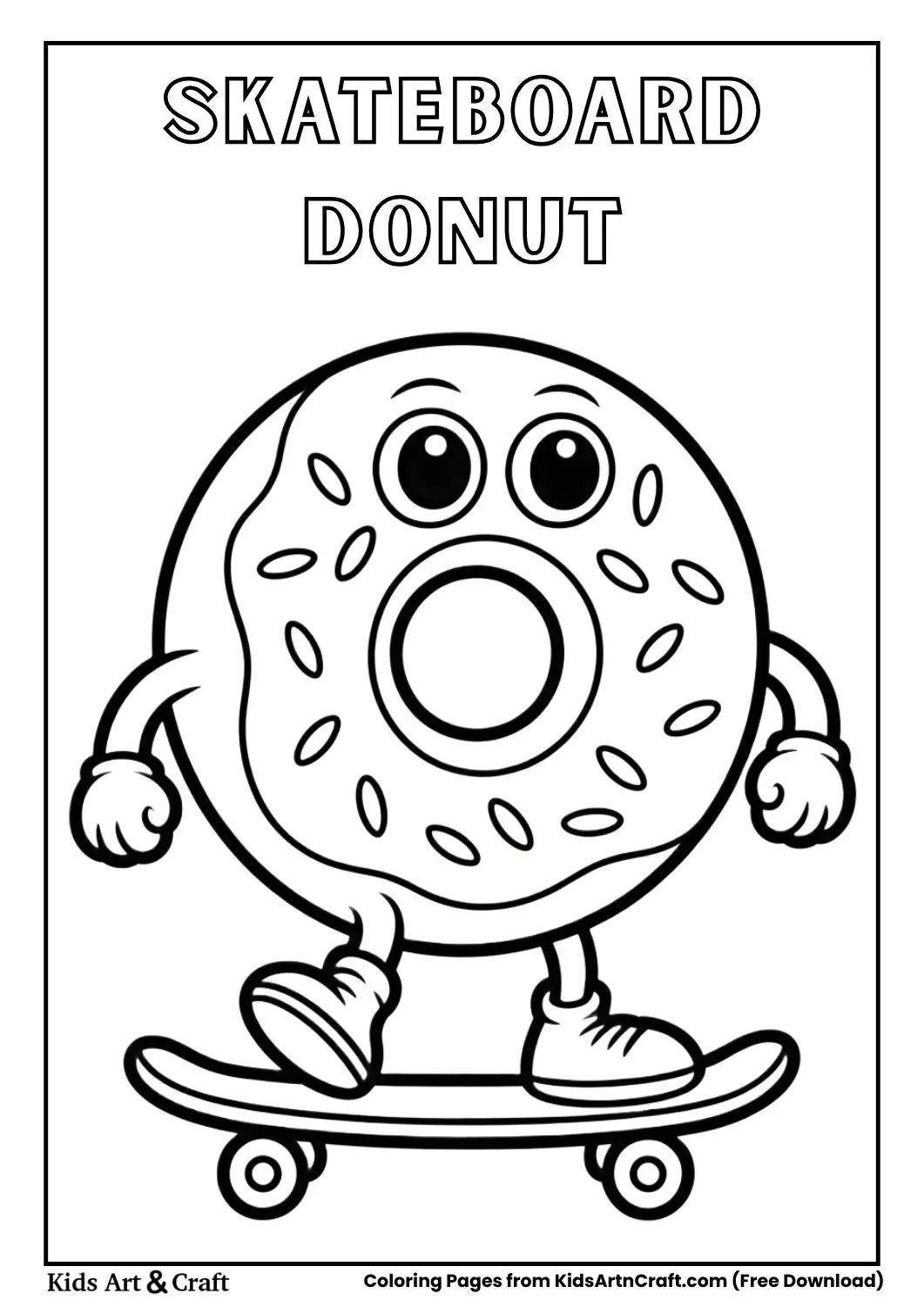 Cartoon donut riding a skateboard coloring page for kids