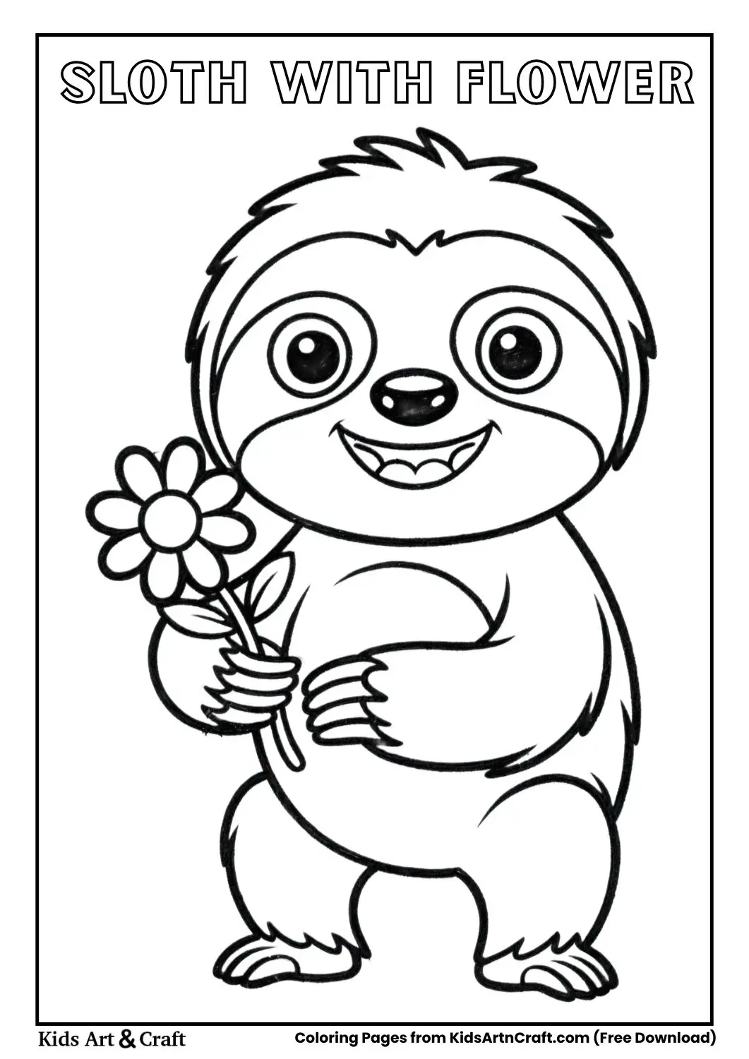 Playful sloth holding a flower