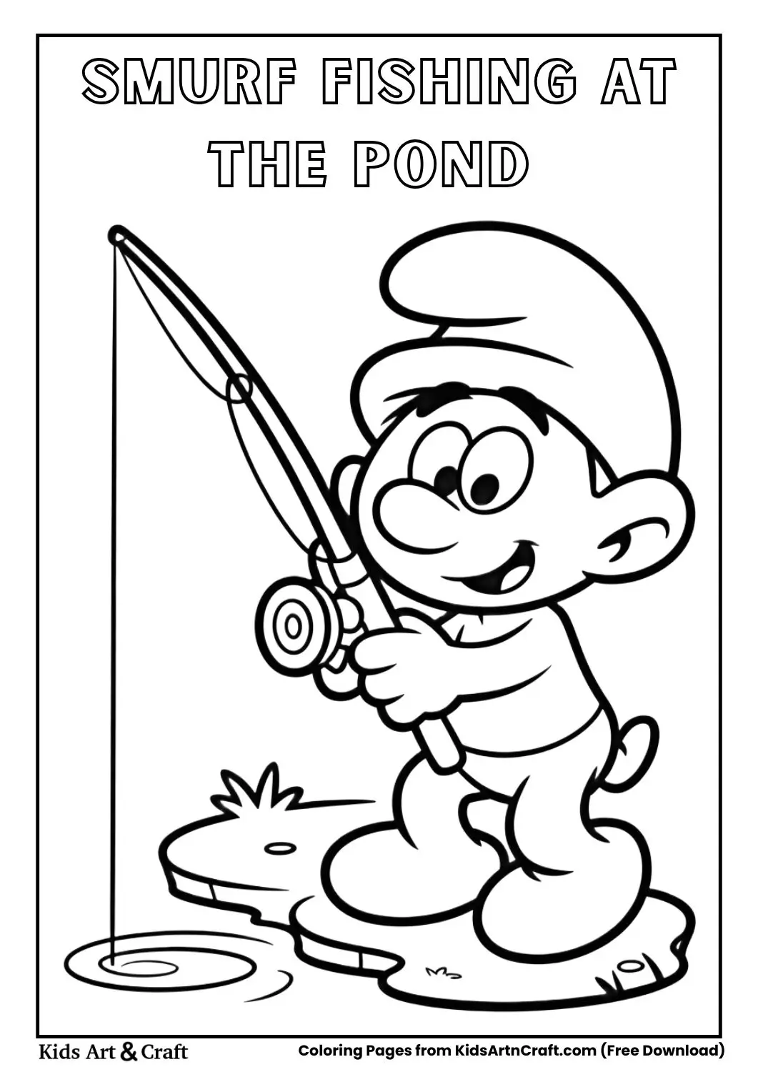 smurf fishing beside pond black and white coloring page