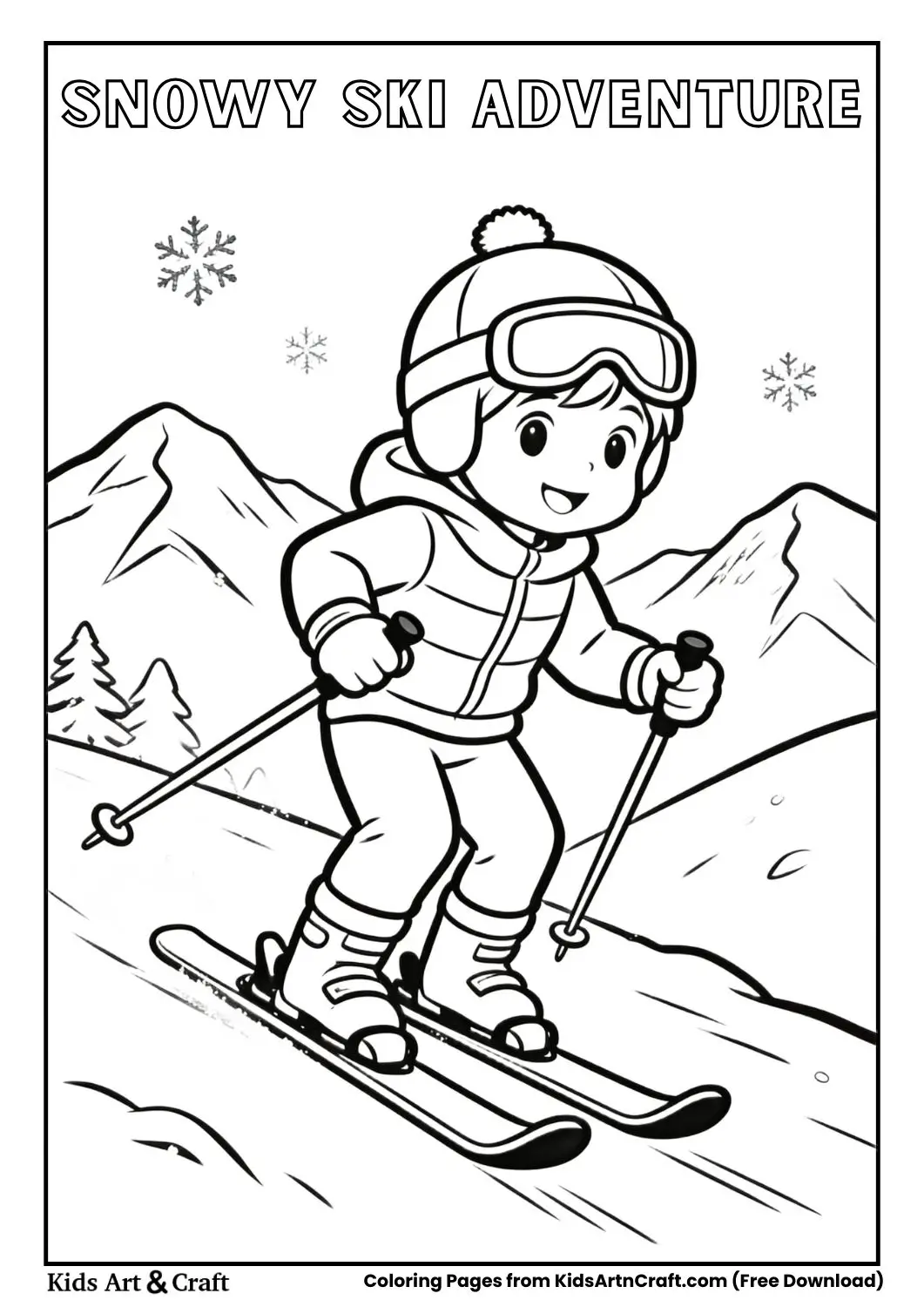 Child skiing down snowy hill black and white line art.