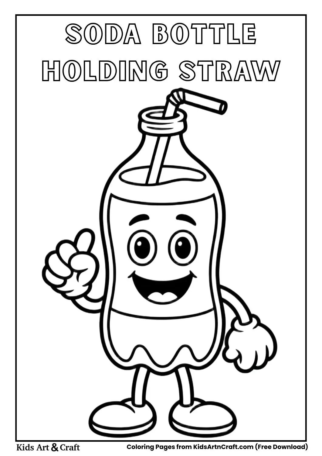 cartoon soda bottle holding straw black and white coloring page