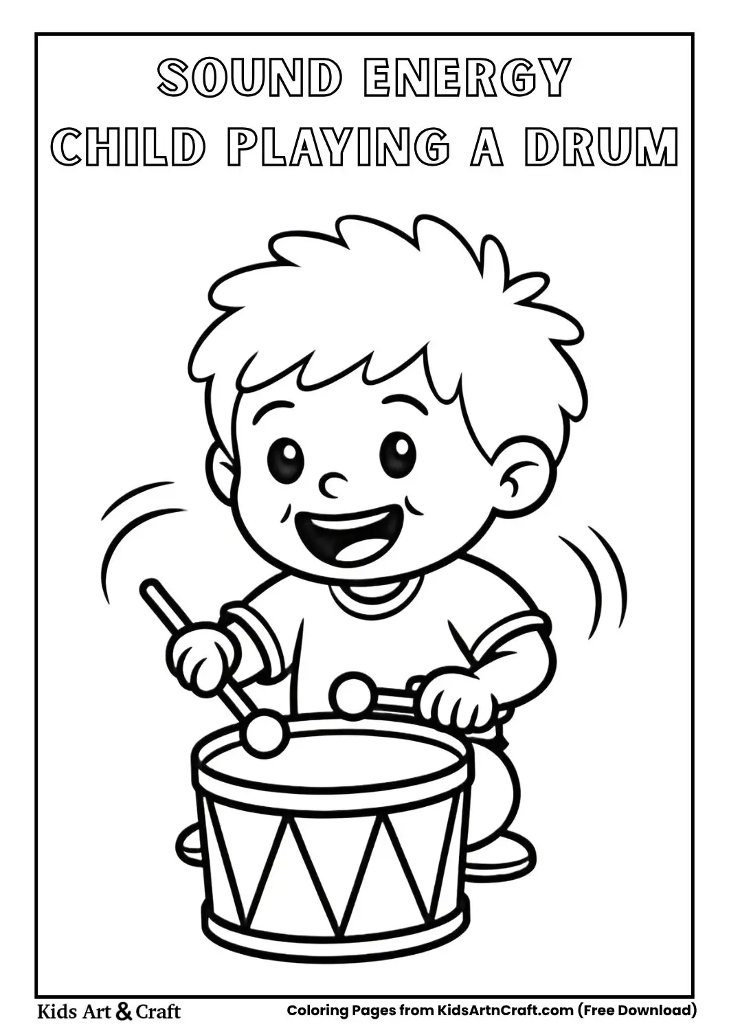 Child playing a drum with sticks and sound lines around the drum coloring page